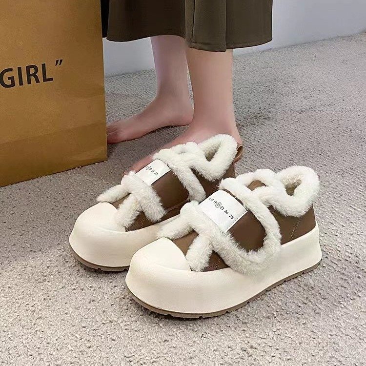 品牌真皮面包鞋厚底雪地靴女2025年冬季新款加绒棉鞋魔术贴毛毛鞋