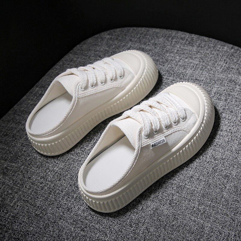 爆款厚底包头半拖鞋女外穿2025夏季新款小白鞋帆布鞋凉拖鞋ins潮