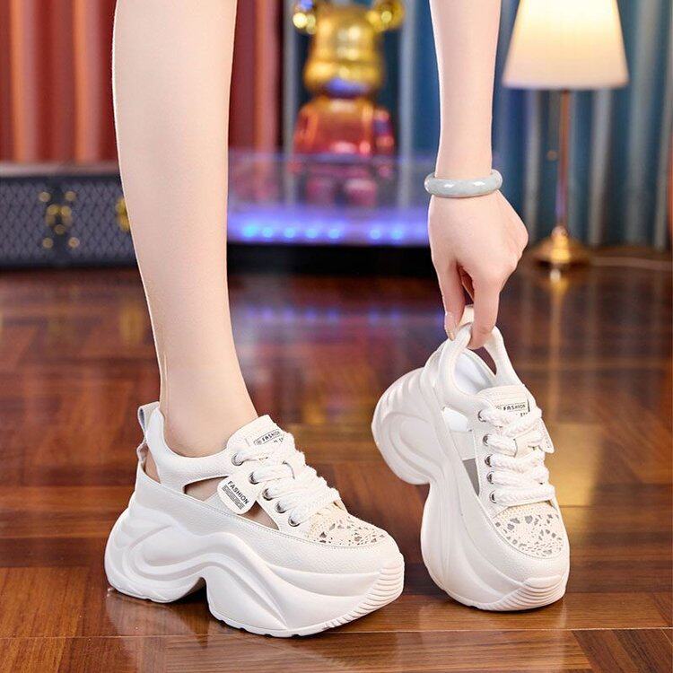 2025夏季新款百搭厚底镂空包头凉鞋女休闲运动透气内增高老爹鞋女