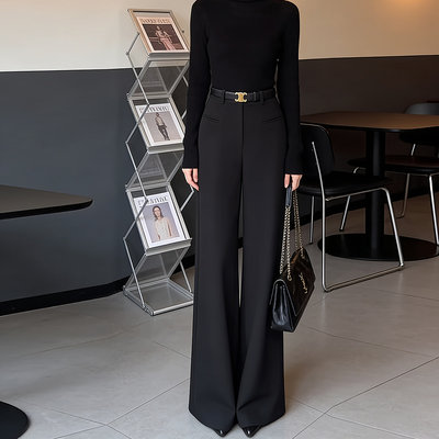 黑色高腰显瘦阔腿西装裤女