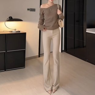 显瘦喇叭裤 奶咖色高腰加绒窄版 弹力修身 女2025秋冬新款 微喇休闲裤