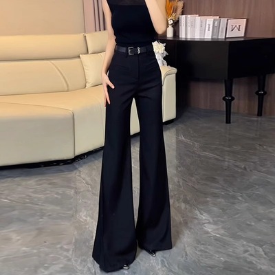 黑色显瘦显腿长微喇西装裤女