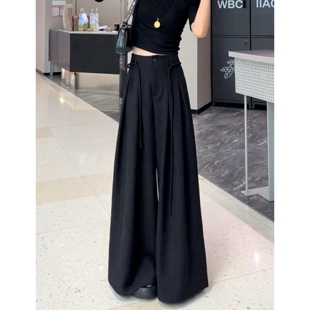 洋气高级欧货黑色拖地阔腿裤女高腰压褶垂感休闲西装裤子2026春款
