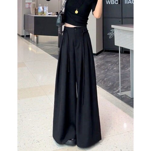 黑色高腰垂感西装阔腿裤女拖地