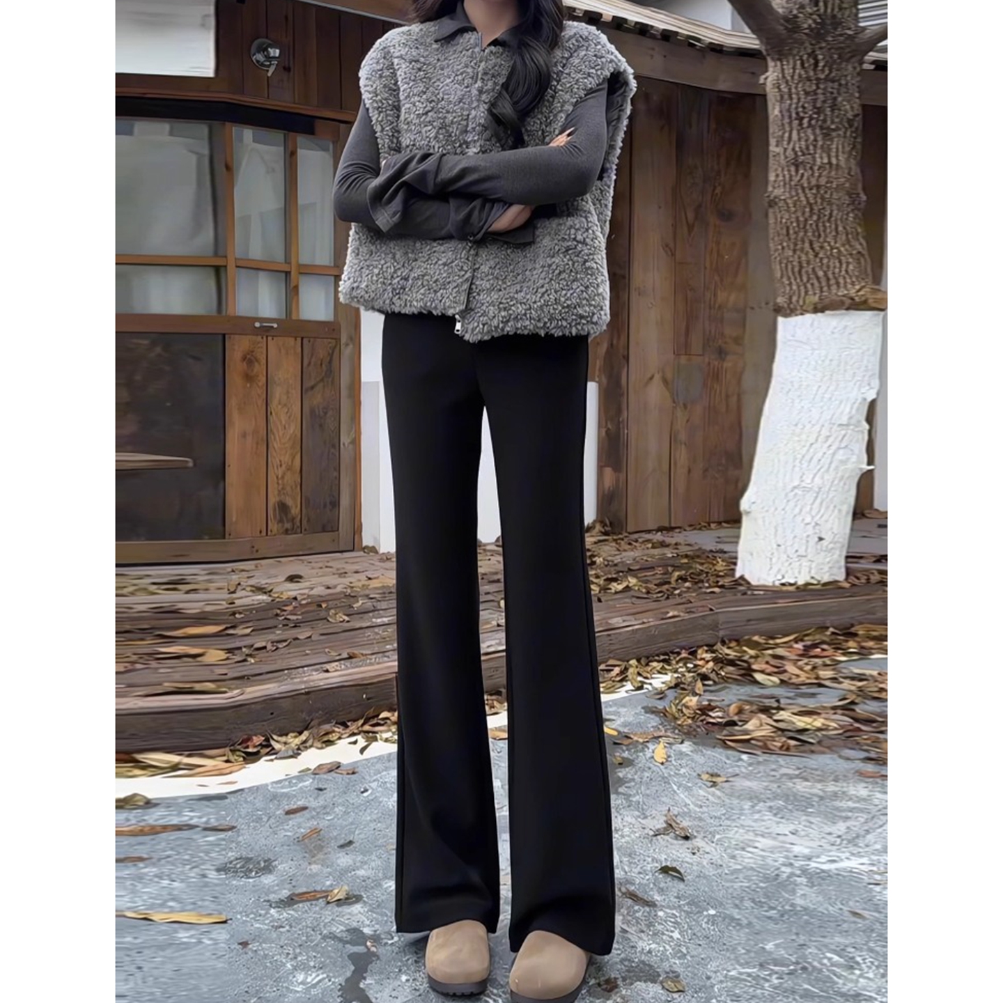 黑色微喇西装裤女直筒喇叭裤