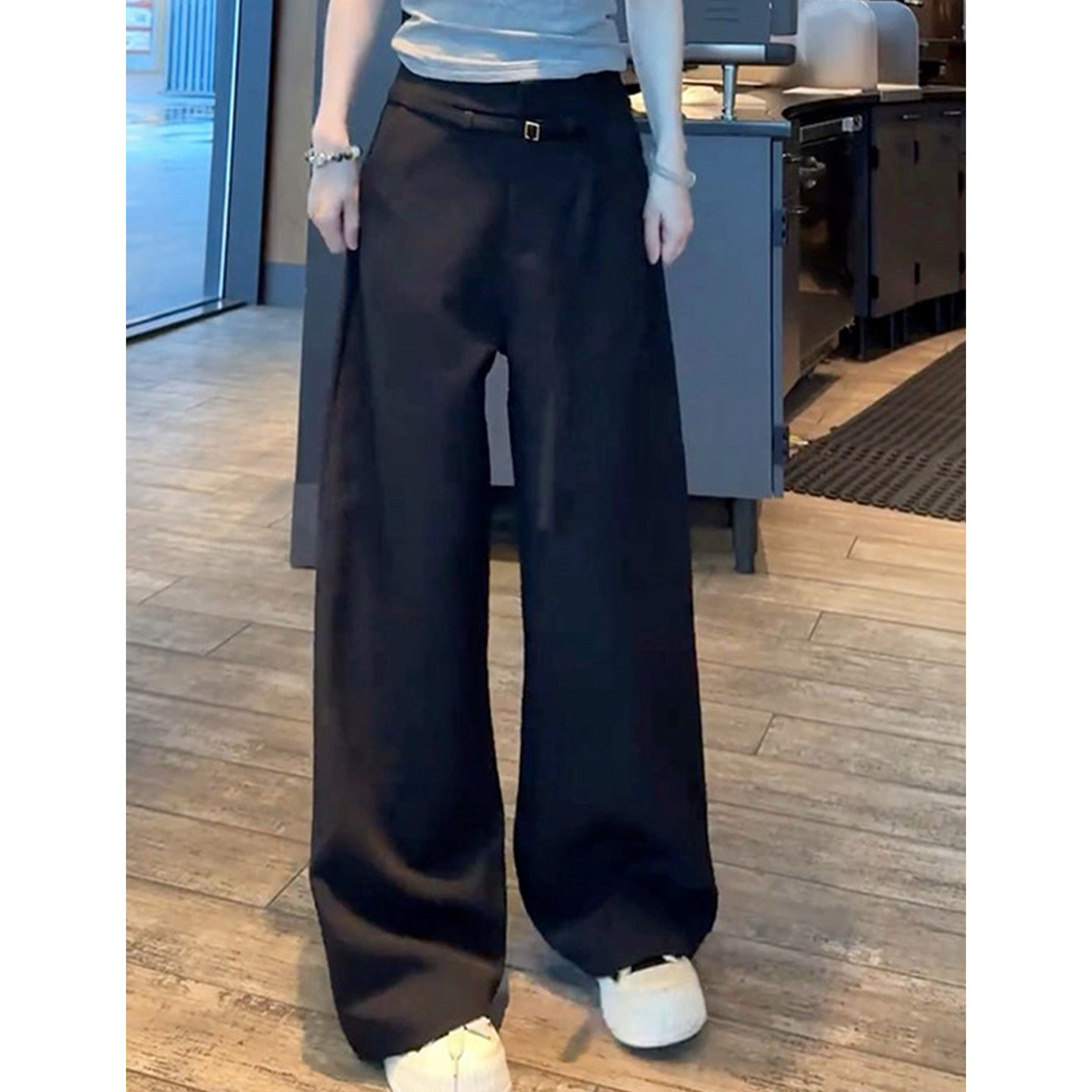 时尚黑色系带阔腿裤女高腰垂感拖地高级直筒西装裤子夏季新款女裤