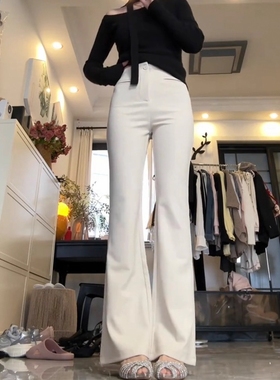 米白色韩版气质加绒微喇西装裤女2025冬季新款高腰弹力修身喇叭裤