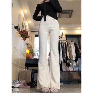 女2025冬季 裤 新款 高腰弹力修身 米白色韩版 喇叭裤 气质加绒微喇西装