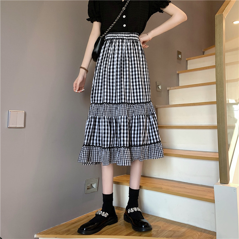 Real price new high waist slim retro Plaid color matching A-line mid length skirt for women