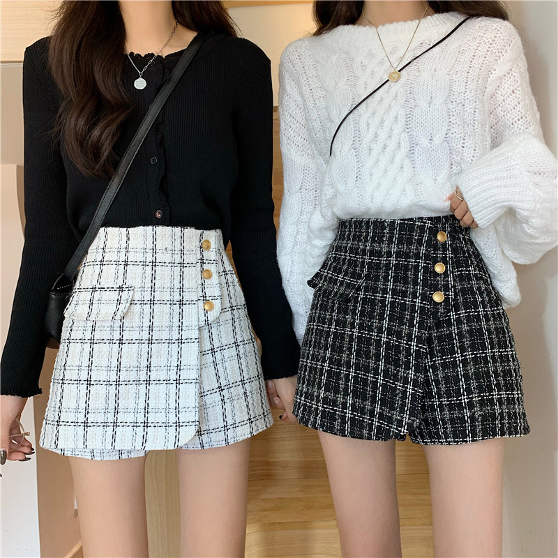 Real price autumn and winter new fashion tweed Plaid high waist short skirt women