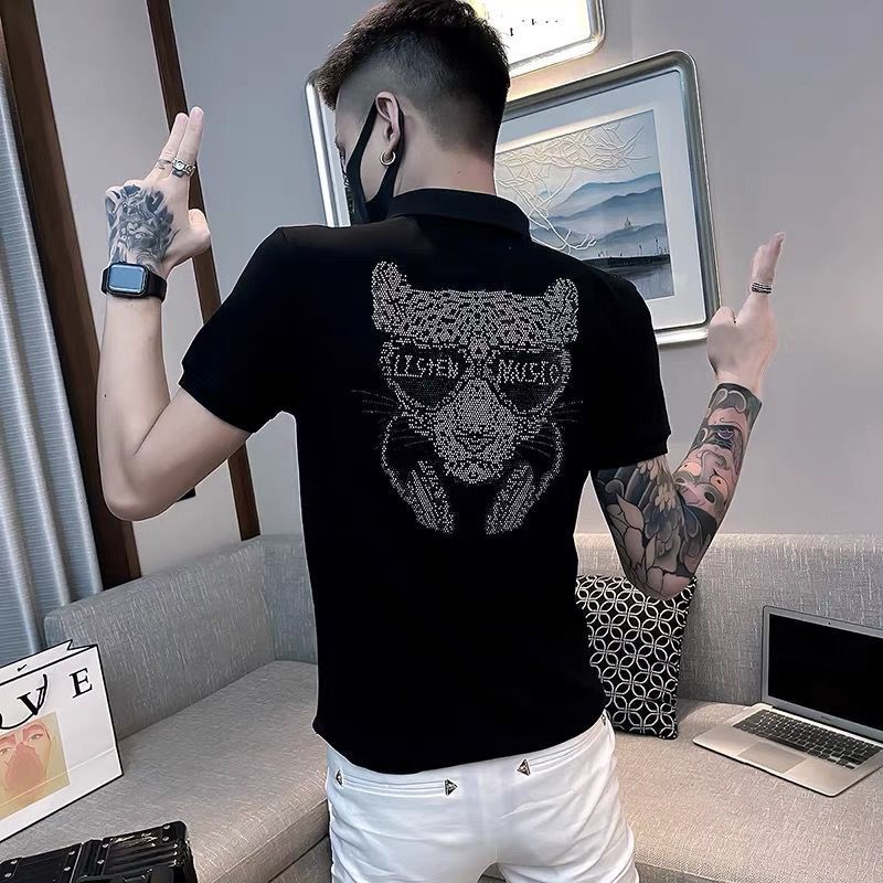 精神小伙短袖男2025潮流时尚老虎刺绣翻领半袖韩版修身纯棉polo衫