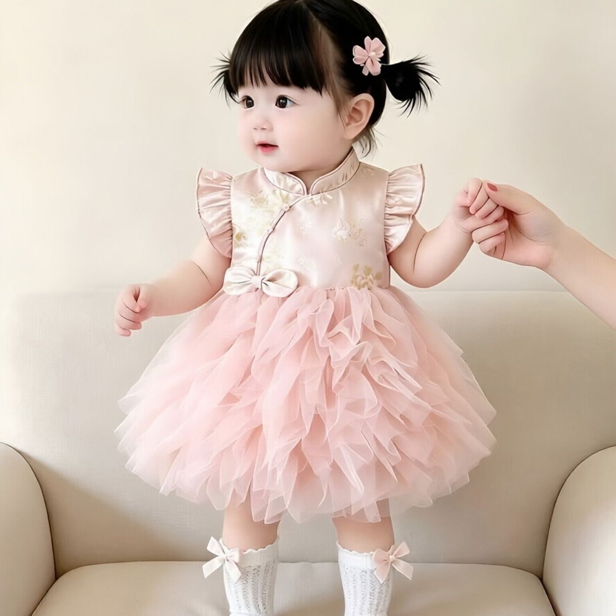 女童春秋蓬蓬网纱连衣裙婴儿秋冬国风礼服裙女宝宝周岁礼服公主裙