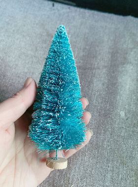 满18元包邮 高约12.5cm蓝绿色带雪圣诞树 节日快乐剑麻丝雪塔迷你