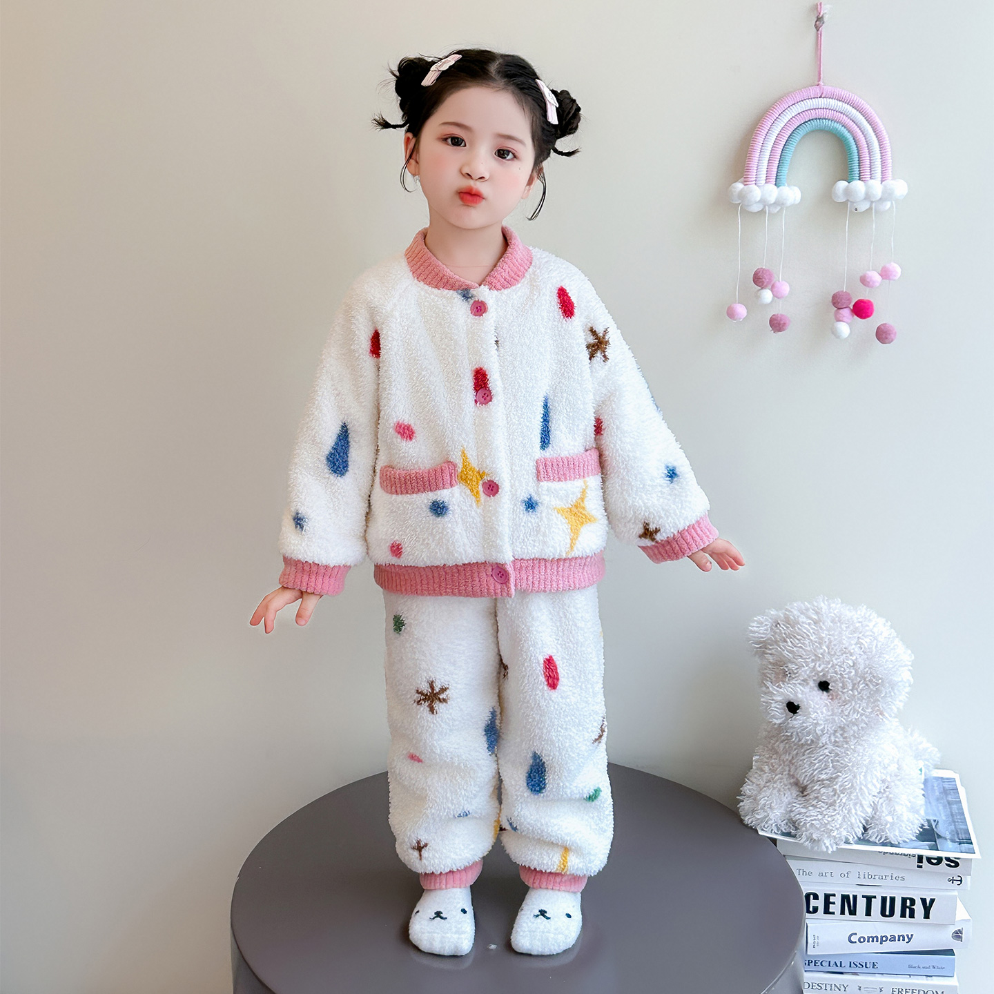 两件套法兰绒开衫秋冬圆领单排扣