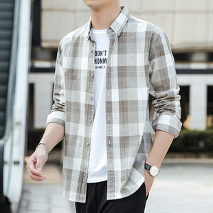 新款 休闲高级感痞帅衬衣男装 秋季 衬衫 外套上衣服 格子纯棉长袖 男士
