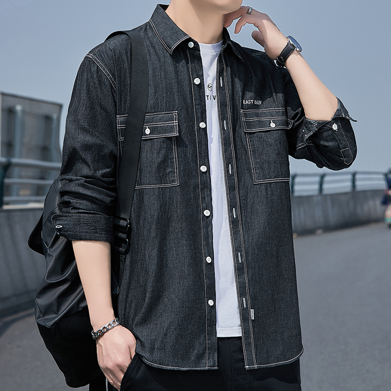 纯棉牛仔双口袋长袖衬衫外套