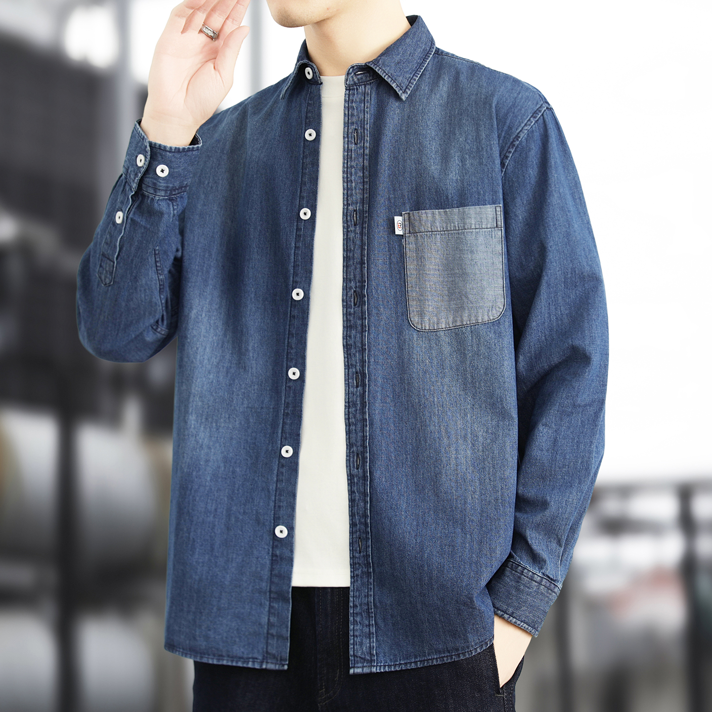 全棉磨砂水洗牛仔长袖衬衫