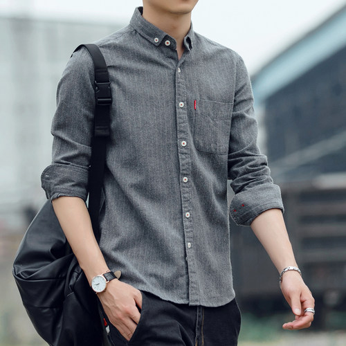 条纹磨毛宽松棉衬衣长袖