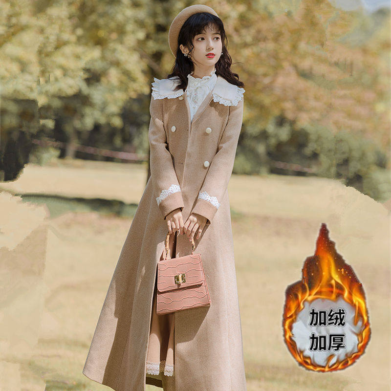 法式娃娃领呢子大衣女秋冬加绒加厚显瘦洋气质格子中长款毛呢外套