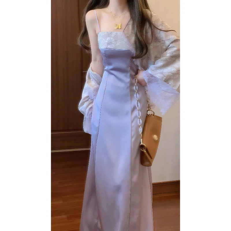 新中式夏季新款温柔甜美气质性感提花紫色吊带蕾丝拼防晒开衫套装
