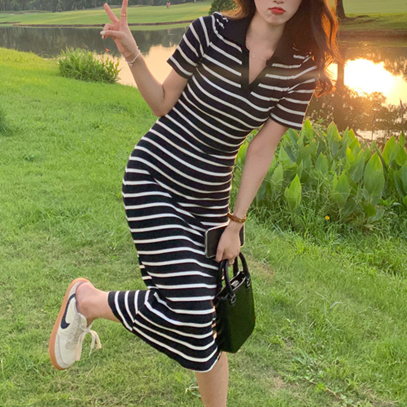 高腰修身开叉防走光Polo领短袖过膝长裙夏季新款黑白条纹连衣裙女