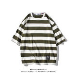 美式风条纹短袖T恤男女宽松圆领落肩袖潮流百搭上衣T232-特价P30，男装T恤，电商A007-1