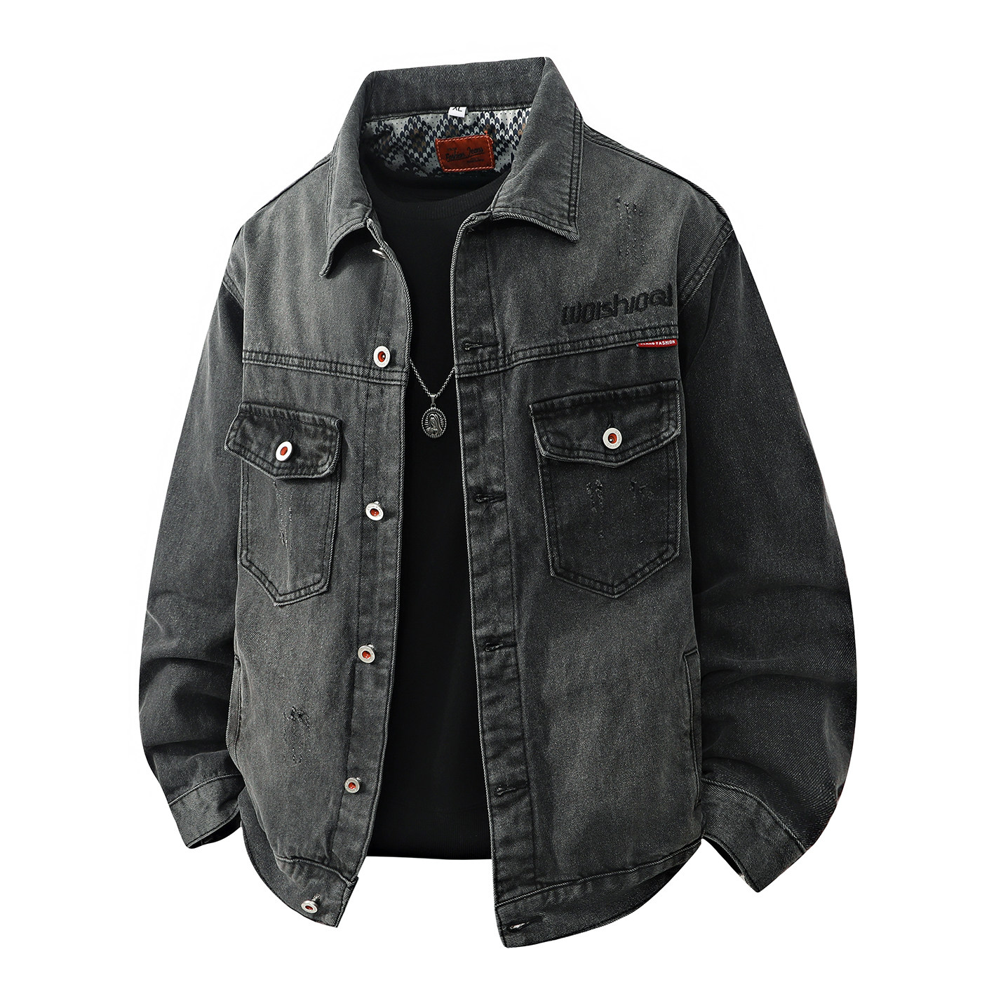 字母时尚百搭牛仔夹克工装风翻领多口袋休闲长袖外套JQ3-特价P70，男装夹克，电商A007-1