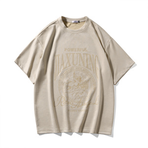 港风夏季纯色大码休闲美式麂皮绒烫花短袖T恤T3504-P23【特价】图片