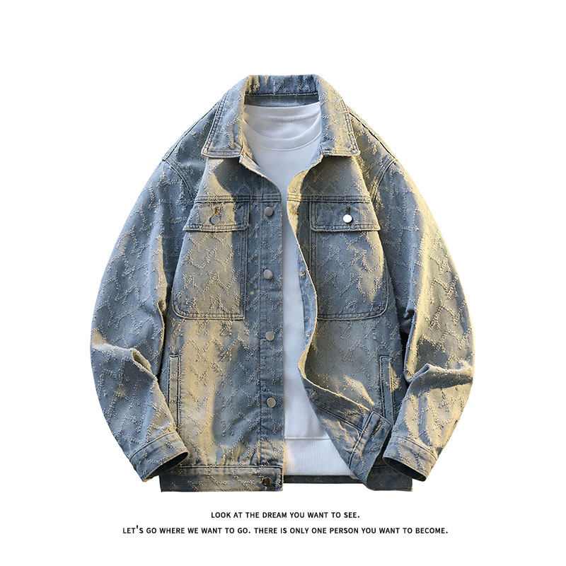 潮牌休闲牛仔外套男士提花潮流清理宽松百搭夹克JA8815-特价P66，男装工装外套，电商A007-1