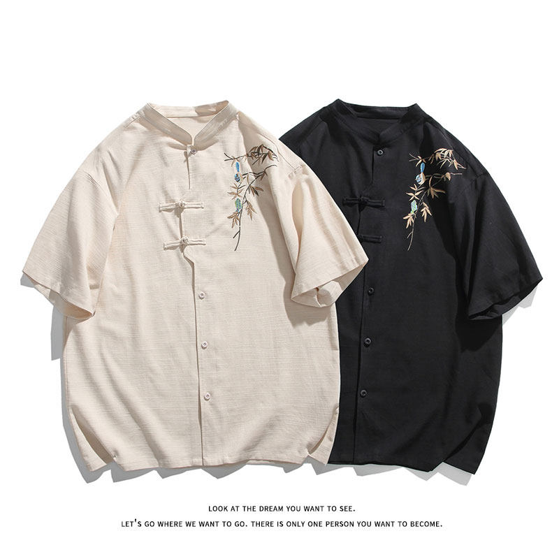 新中式风复古刺绣短袖T恤男立领盘扣风透气上衣T3521-特价P43，男装T恤，电商A007-1