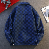 棋盘格翻领牛仔夹克美式复古风男春秋宽松外套JA3710-特价P55，男装夹克，电商A007-1