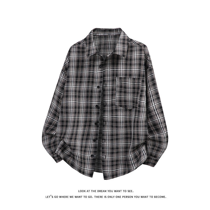 复古格子美式衬衫男长袖翻领宽松百搭格子纹外套C2273-特价P37，男装衬衫，电商A007-1