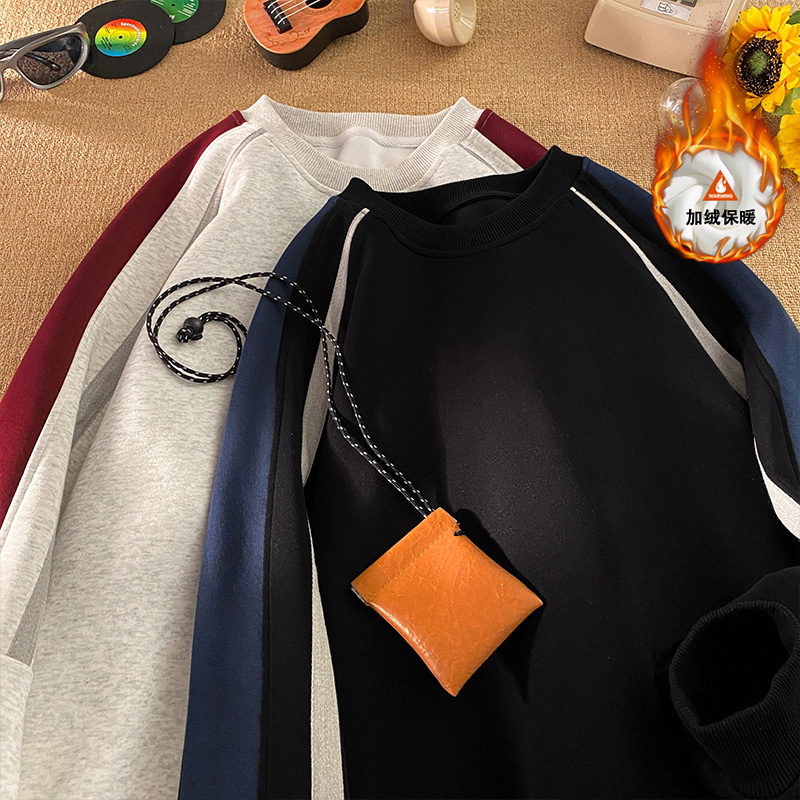 美式拼接撞色圆领卫衣大码宽松加绒加厚上衣W4650JR（加绒）特P46，男装卫衣，电商A007-1