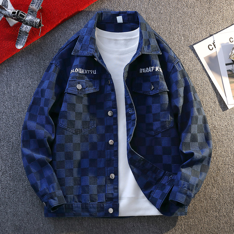 棋盘格翻领牛仔夹克美式复古风男春秋宽松外套JA3710-特价P55，男装夹克，电商A007-1