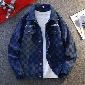 棋盘格翻领牛仔夹克美式复古风男春秋宽松外套JA3710-特价P55，男装夹克，电商A007-1
