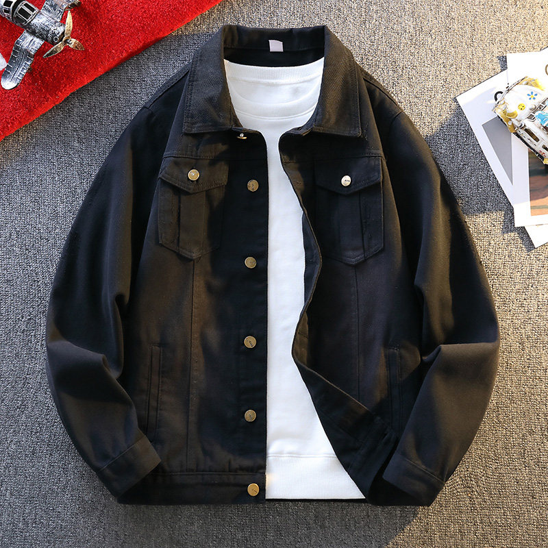美式复古翻领牛仔外套男宽松工装夹克黑色时尚百搭JA911-特价P53，男装工装外套，电商A007-1