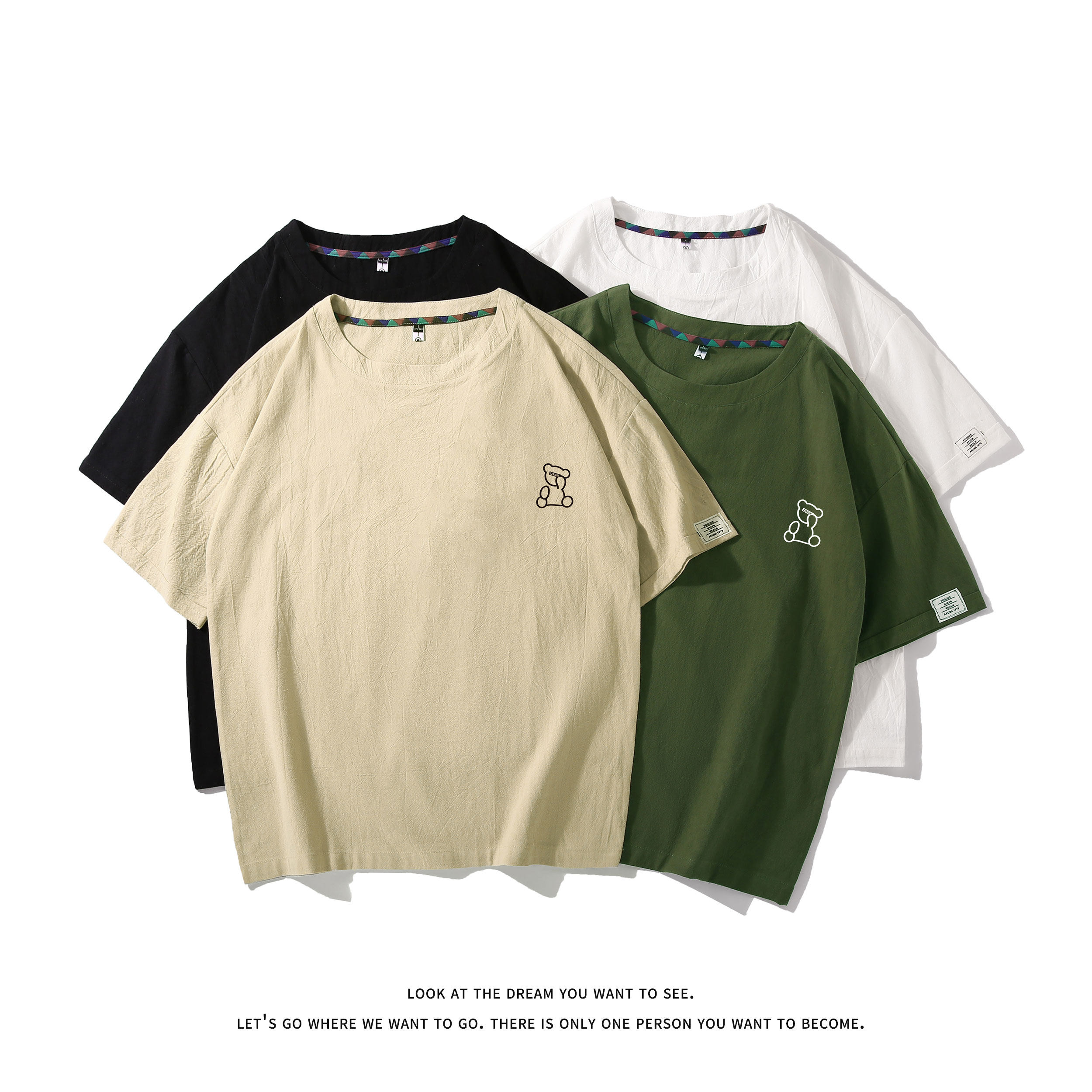 短袖圆领T恤男简约休闲小熊印花亲肤透气工装风上衣T3375-特价P22，男装T恤，电商A007-1