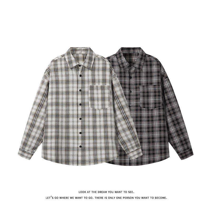 复古格子美式衬衫男长袖翻领宽松百搭格子纹外套C2273-特价P37，男装衬衫，电商A007-1