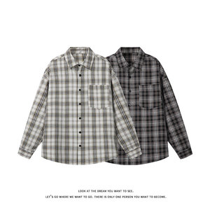 复古格子美式衬衫男长袖翻领宽松百搭格子纹外套C2273-特价P37，男装衬衫，电商A007-1