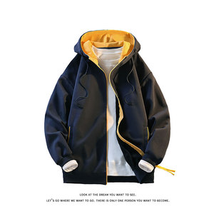 秋季撞色拉链开衫卫衣男女宽松情侣休闲外套连帽款W4685-特价P40，女装短外套，电商A007-1