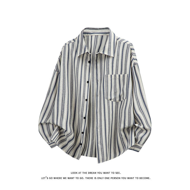 日系复古条纹衬衫男长袖宽松翻领少年感衬衣男女C2276-特价P40，男装衬衫，电商A007-1