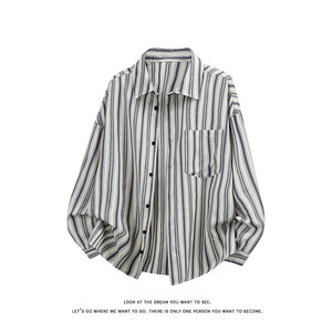 日系复古条纹衬衫男长袖宽松翻领少年感衬衣男女C2276-特价P40，男装衬衫，电商A007-1