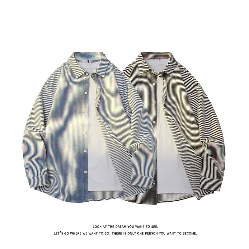 日系复古条纹长袖衬衫男高级感穿搭大码休闲衬衣外套C2251-特价28，男装衬衫，电商A007-1