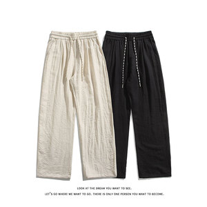 夏季亚麻透气简约纯色抽绳松紧腰宽松阔腿休闲长裤K8626-特价40，男装休闲裤，电商A007-1