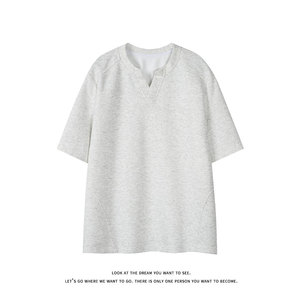 休闲风半开领短袖T恤男女宽松重磅纯棉小领口上衣T3709-特价P20图片