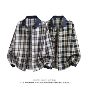 复古格子拼接衬衫男长袖宽松休闲翻领百搭外套C2277-特价P35，男装衬衫，电商A007-1