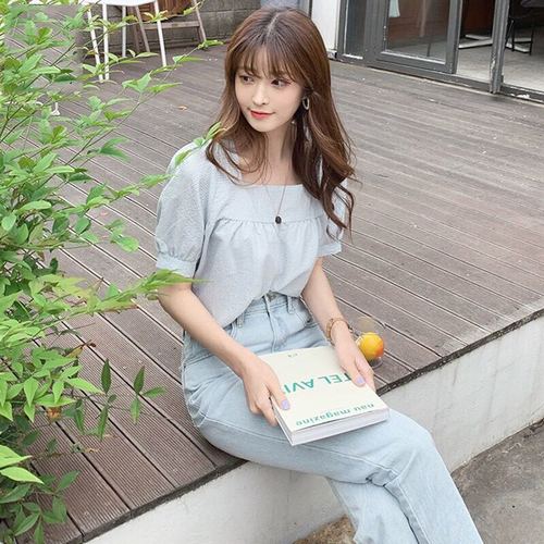 Square neck short sleeve shirt women's summer new Japanese sweet age reducing small fresh versatile small lattice clavicle heart machine top