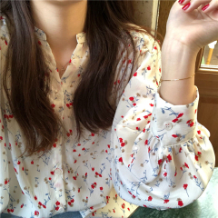 Autumn dress floral top loose Korean version vertical sense Chiffon V-neck casual long sleeve shirt women's design sense