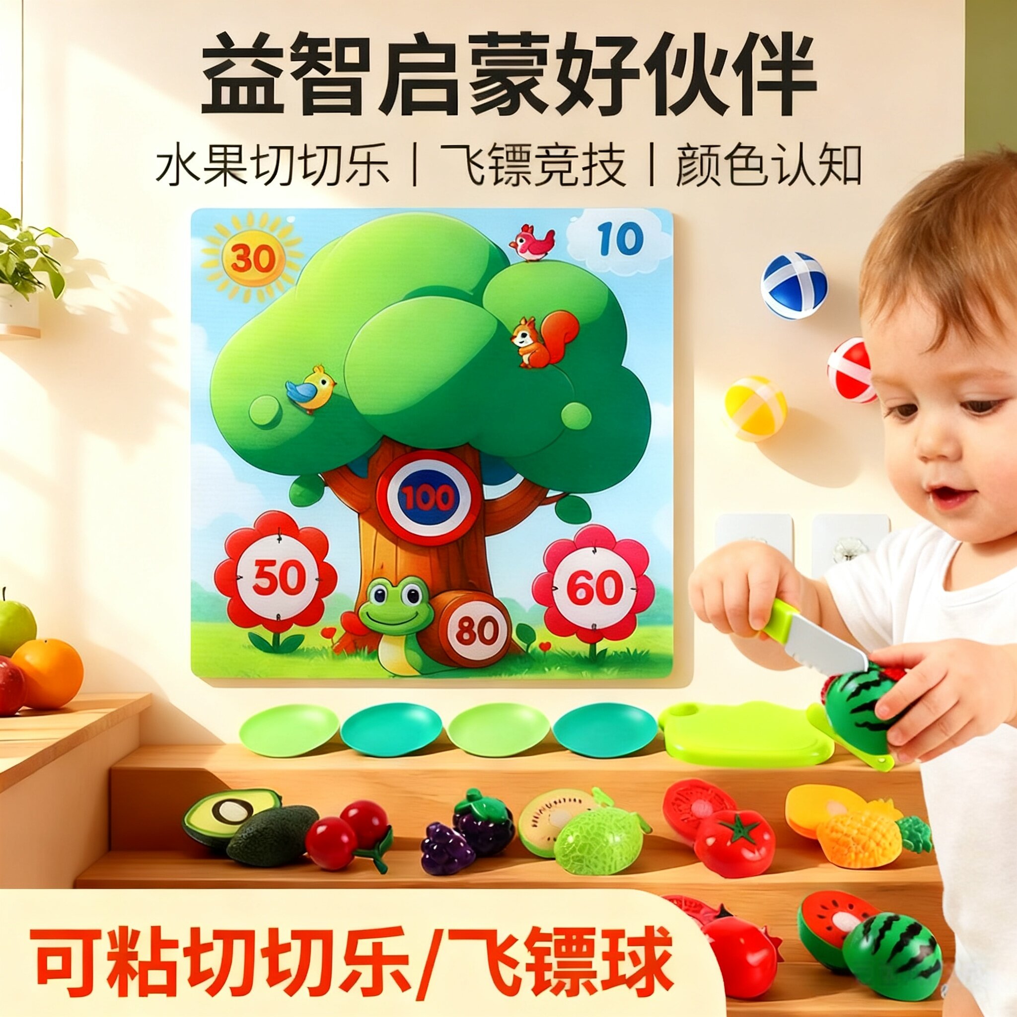毛毡板水果切切乐床围栏玩具粘贴粘粘宝宝益智砧板过家家果蔬玩具