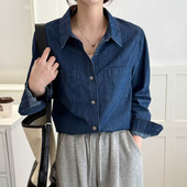 新款 韩版 复古牛仔蓝衬衫 25春季 纯棉ins通勤简约百搭长袖 衬衣
